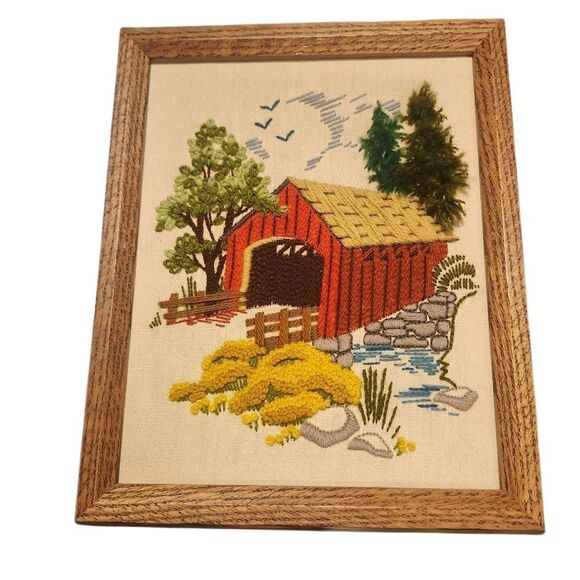 Rustic Embroidered Wall Art with Red Bridge Trees Forest Vintage 70s Cottagecore - Picture 1 of 3
